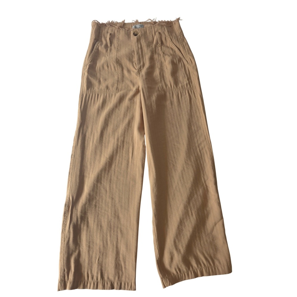 Kut from the Kloth Wide Leg Pants KB31301 Raw Fringe Waist Tan 2 Boho Coastal